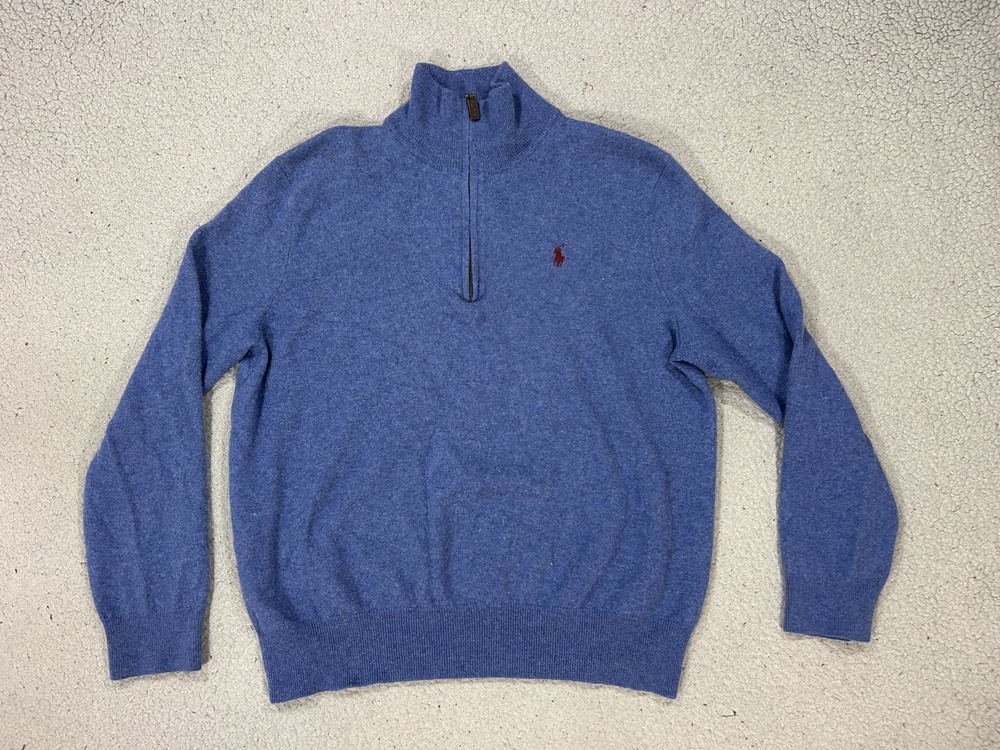Polo Ralph Lauren Sweater Mens XL Blue Merino Wool Quarter Zip Mock Neck Pony